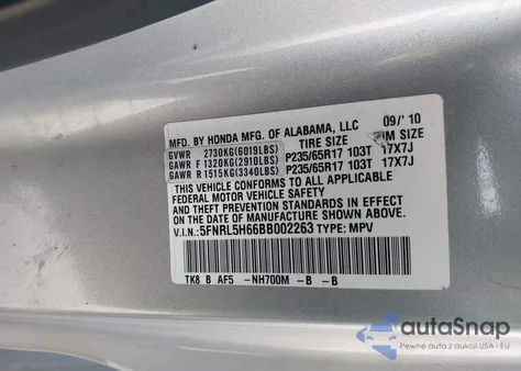 2011 Honda Odyssey Ex-L from USA, damaged, VIN 5FNRL5H66BB002263